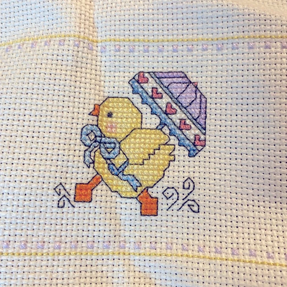 Hand Crafted, Vintage Cross Stitched Duck & BearTie neck tie baby bib
